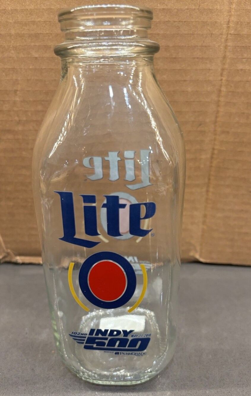 2018 Miller Lite Indy 500 Glass Milk Bottle -  102nd Running IndyCar